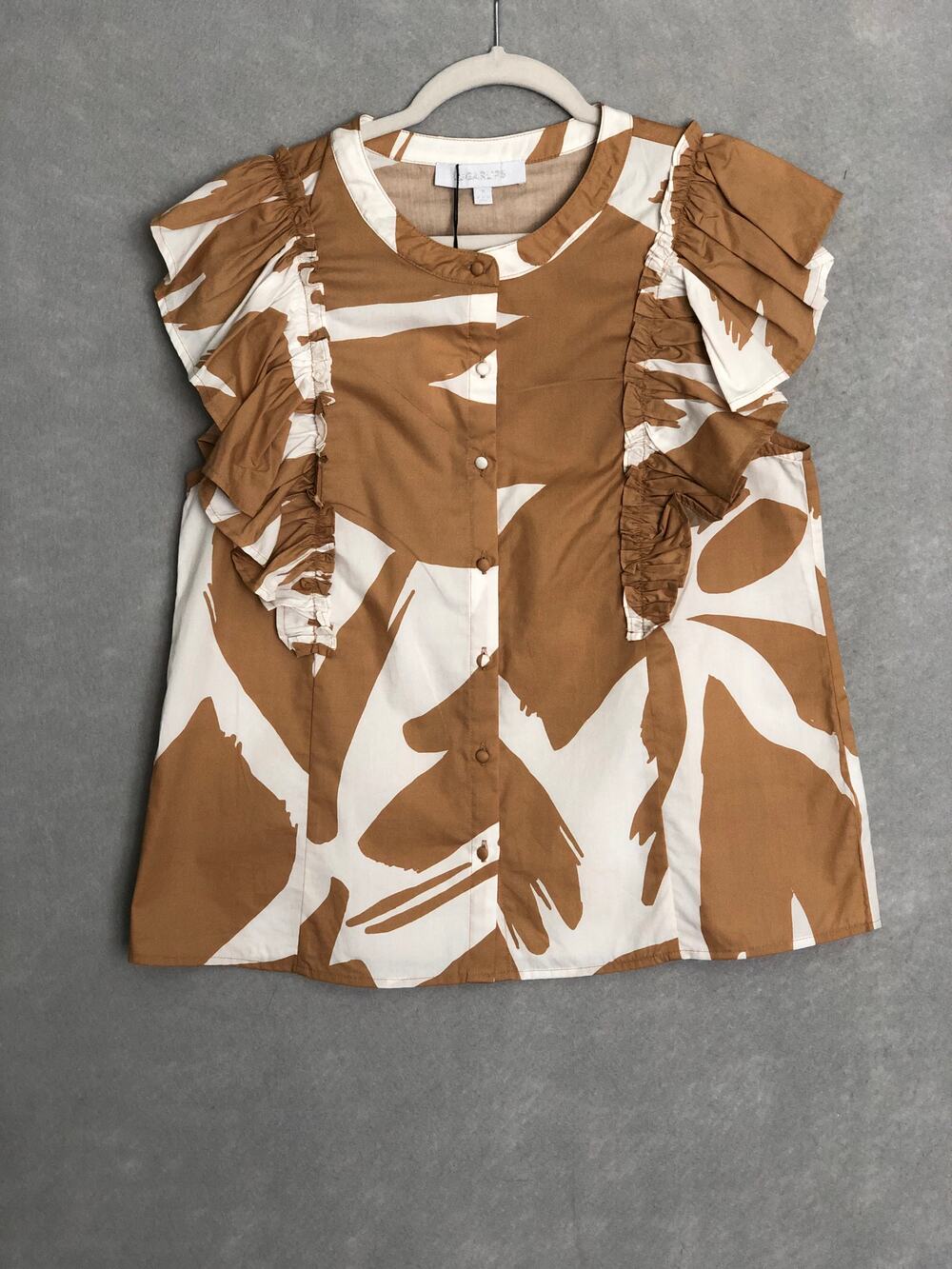 Sugarlips Poplin Top Flutter Sleeve Abstract Tropical Women's Small NEW